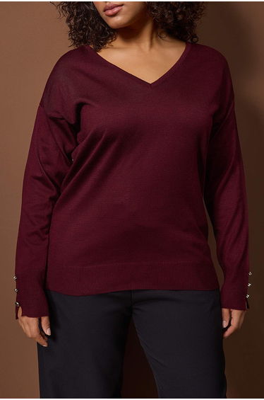 Burgundy v-neck button detailed knit sweater product thumbnail 4