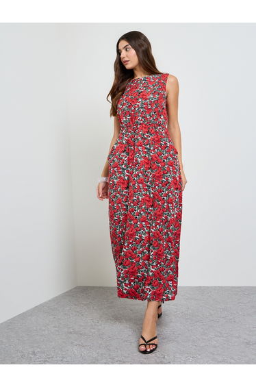 Red Floral Print Sleeveless Midi Dress