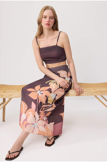 Multi-Colored Beaded Strap Cropped Blouse Floral Print Midi Skirt Woven Bottom - Top Set product thumbnail 2