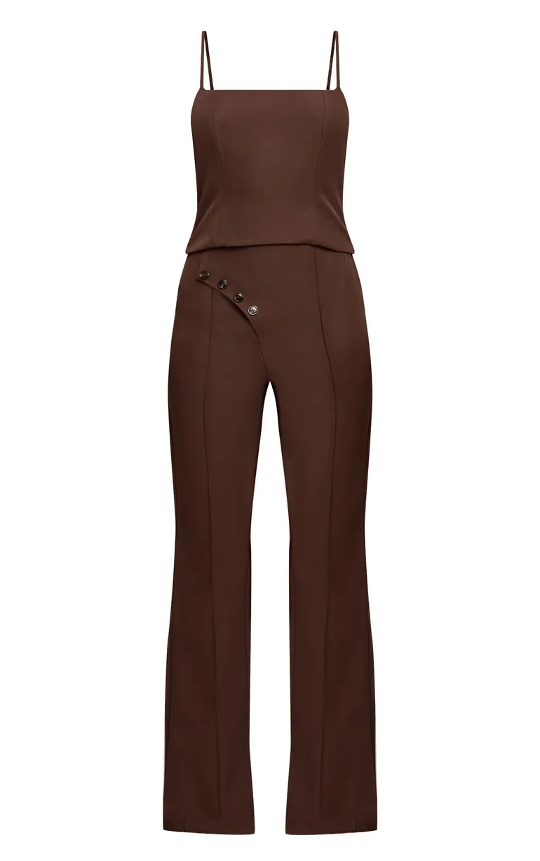 Chocolate Woven Tailored Button Detail Straight Leg Jumpsuit - 4