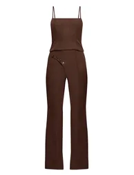 Chocolate Woven Tailored Button Detail Straight Leg Jumpsuit - 4