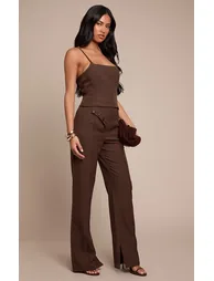 Chocolate Woven Tailored Button Detail Straight Leg Jumpsuit - 2