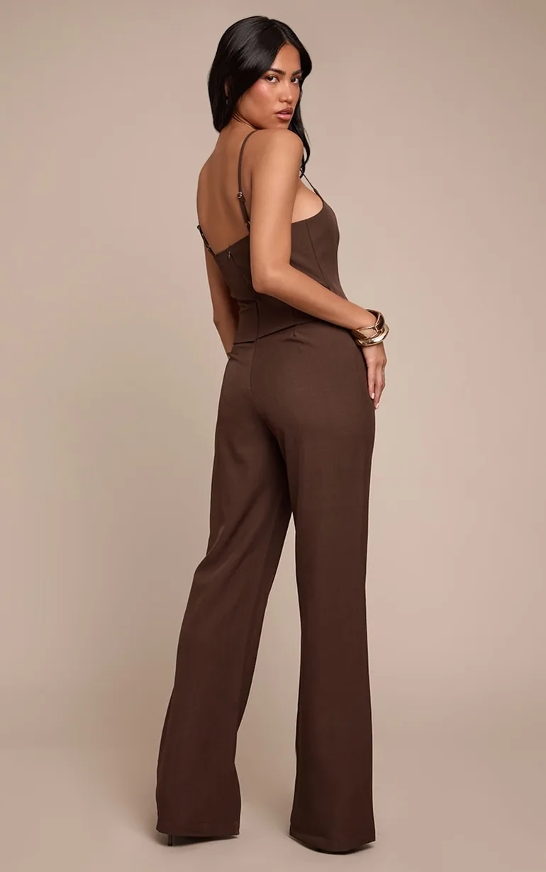 Chocolate Woven Tailored Button Detail Straight Leg Jumpsuit - 1