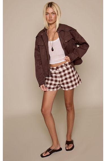 Brown Gingham Tailored Hot Pants