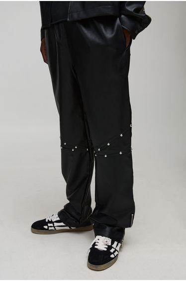 Tall Studded Leather Look Zip Hem Relaxed Fit Trousers - black