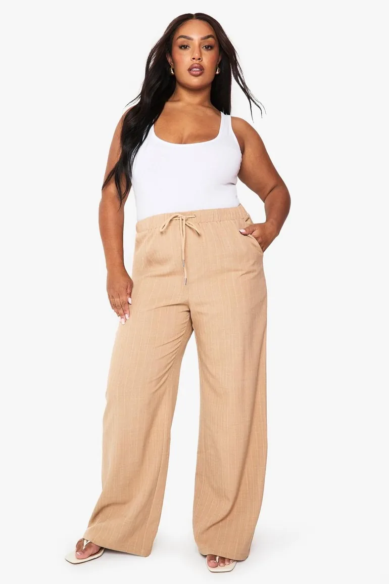 Plus Tailored Pin Stripe Elasticated Wide Leg Trouser - stone - 2