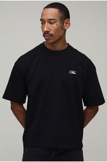 Oversized Boxy Man Script Floral Print T-Shirt - black