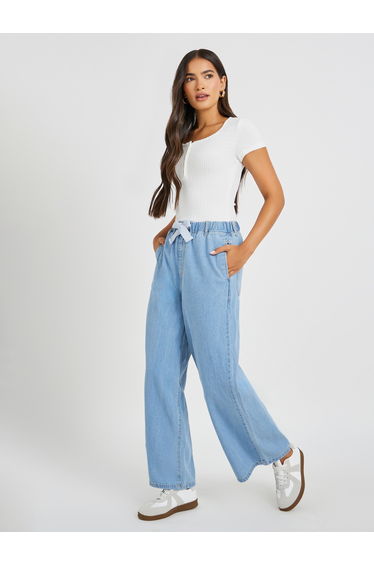 Mid Rise Elasticated Waistband Wide Leg Jeans