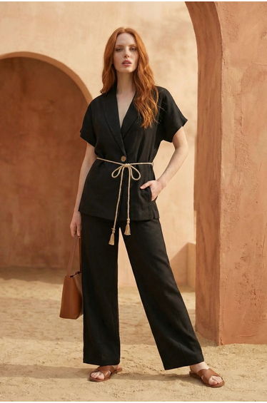 MY FASHION V-Neck Buttoned Blouse & High Waist Trousers Two-Piece Set