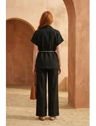MY FASHION V-Neck Buttoned Blouse & High Waist Trousers Two-Piece Set - 2