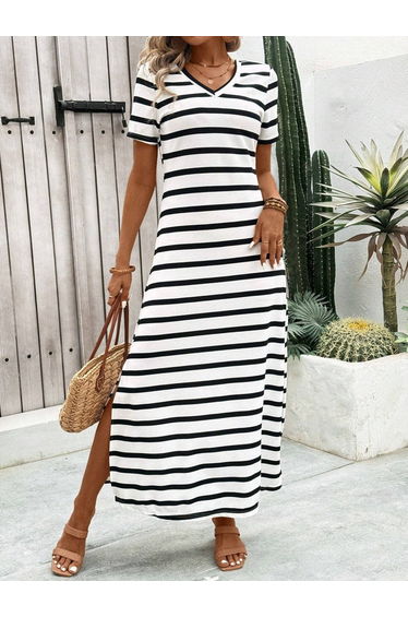 Striped Short Sleeve Maxi Dress with Side Slit