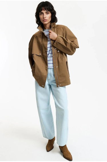 Short Zip-Up Trench Coat with Balloon Sleeves