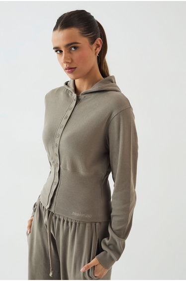 DSGN Studio Button Through Cinched Hooded Rib Top - washed khaki