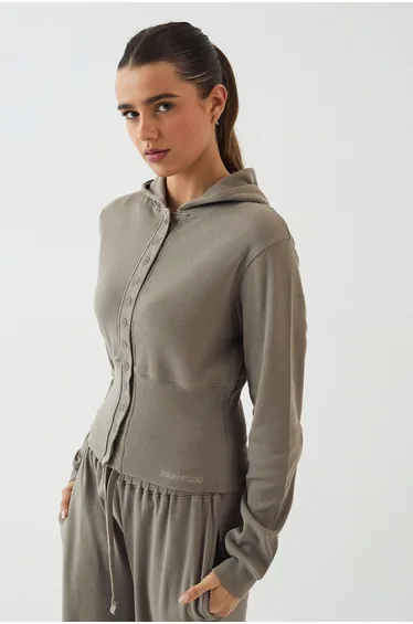 DSGN Studio Button Through Cinched Hooded Rib Top - washed khaki
