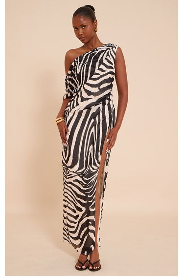 Brown Zebra Printed Chiffon Drape Detail Maxi Dress