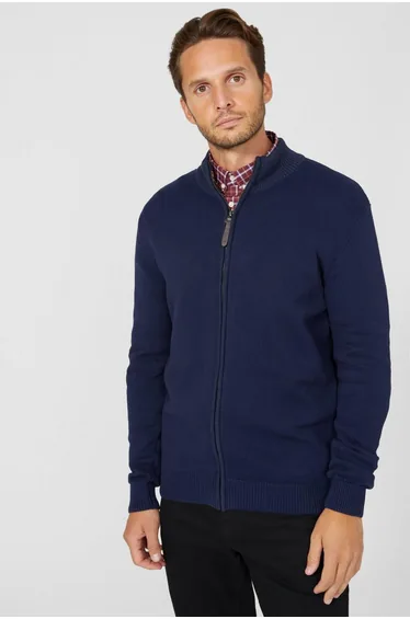 Premium Pure Cotton Zip Thru Knit Jumper - navy