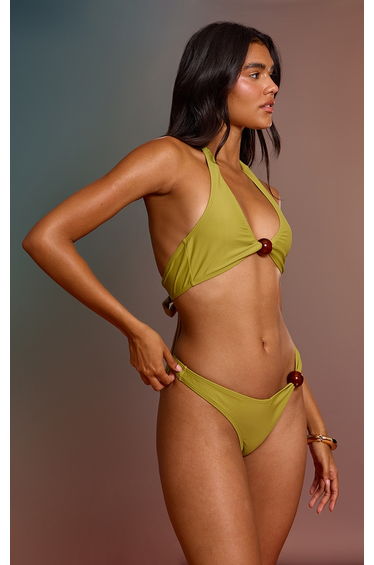 Olive Resin Ball Trim Tanga Bikini Bottoms
