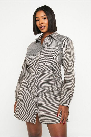 Plus Check Ruched Side Shirt Dress - mocha
