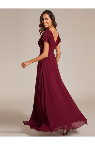 ever ROSY|Short Sleeves with Bowknot High Front Slit A-Line Chiffon Bridesmaid Dress