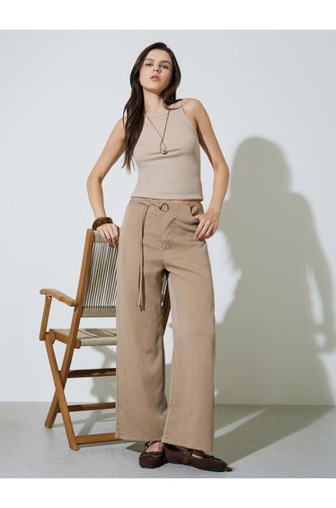 Tan Wide Leg Pants with Cord Detail