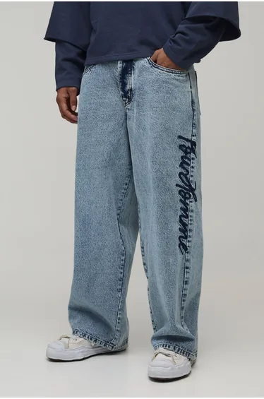 Embroidered Acid Wash Baggy Jeans - acid wash light blue