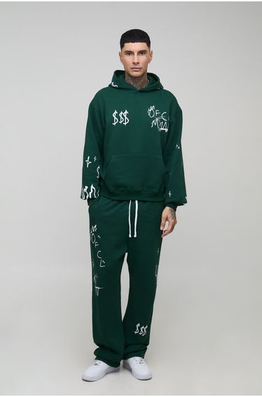 Tall Oversized Boxy Doodle Print Hoodie & Oversized Dropped Crotch Jogger Tracksuit - forest