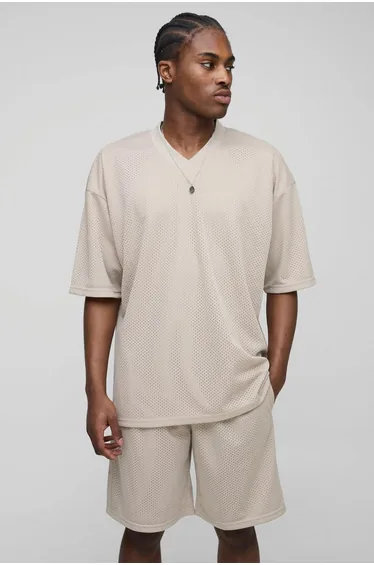 Oversized Mesh V Neck Sports Top & Short Set
