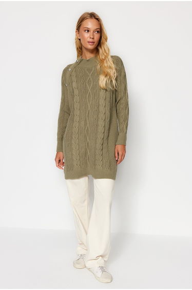 Khaki Accessory Detailed Hair Braided Knitwear Sweater