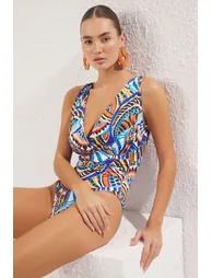 Ethnic Patterned Deep-cut Draped Regular Core Swimsuit - 1