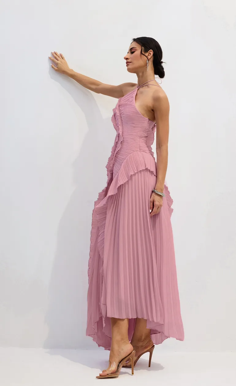 nina asymmetry pleated halterneck midi dress Nina Asymmetry Pleated Halterneck Midi Dress