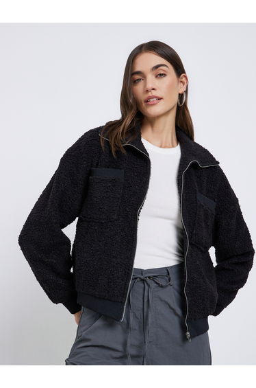Black Faux Fur Regular Fit Bomber Jacket