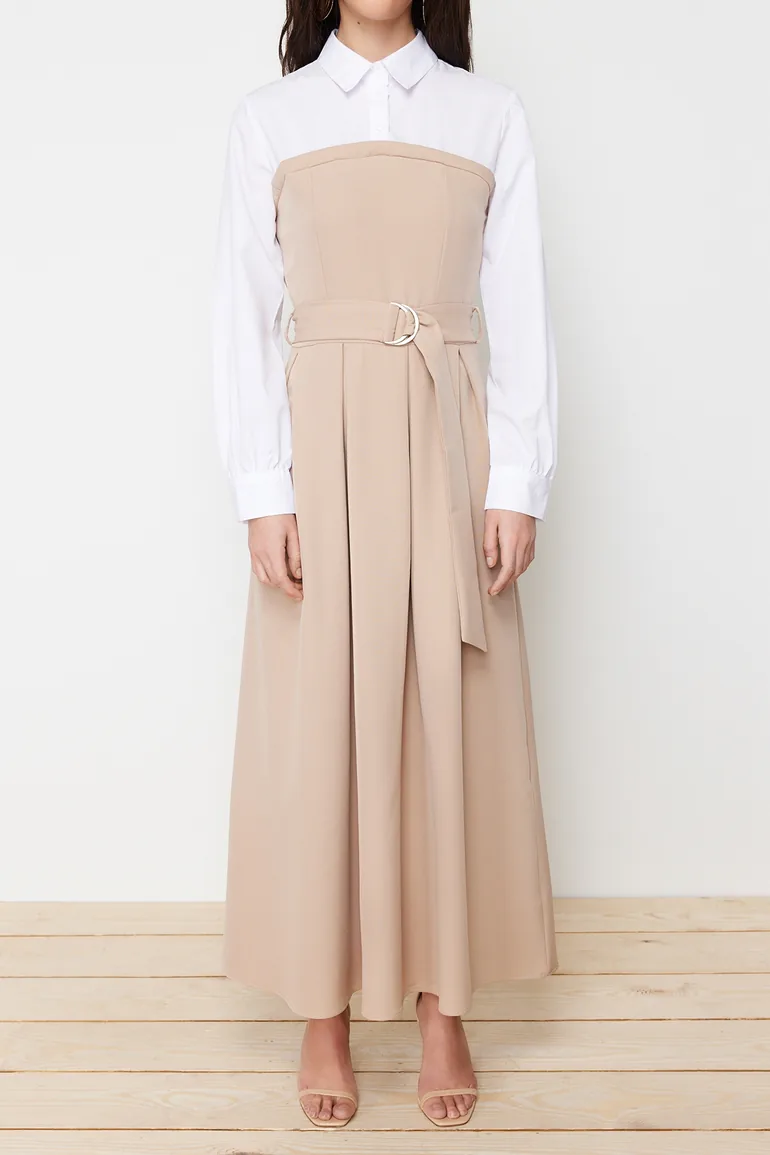Shop Trendyol Modest Beige A-Line Shirt Dress Online in Qatar