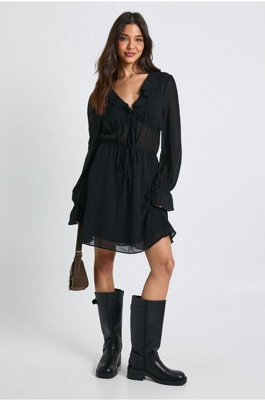 Long Sleeve Ruched Mini Dress With Frill Detail - black