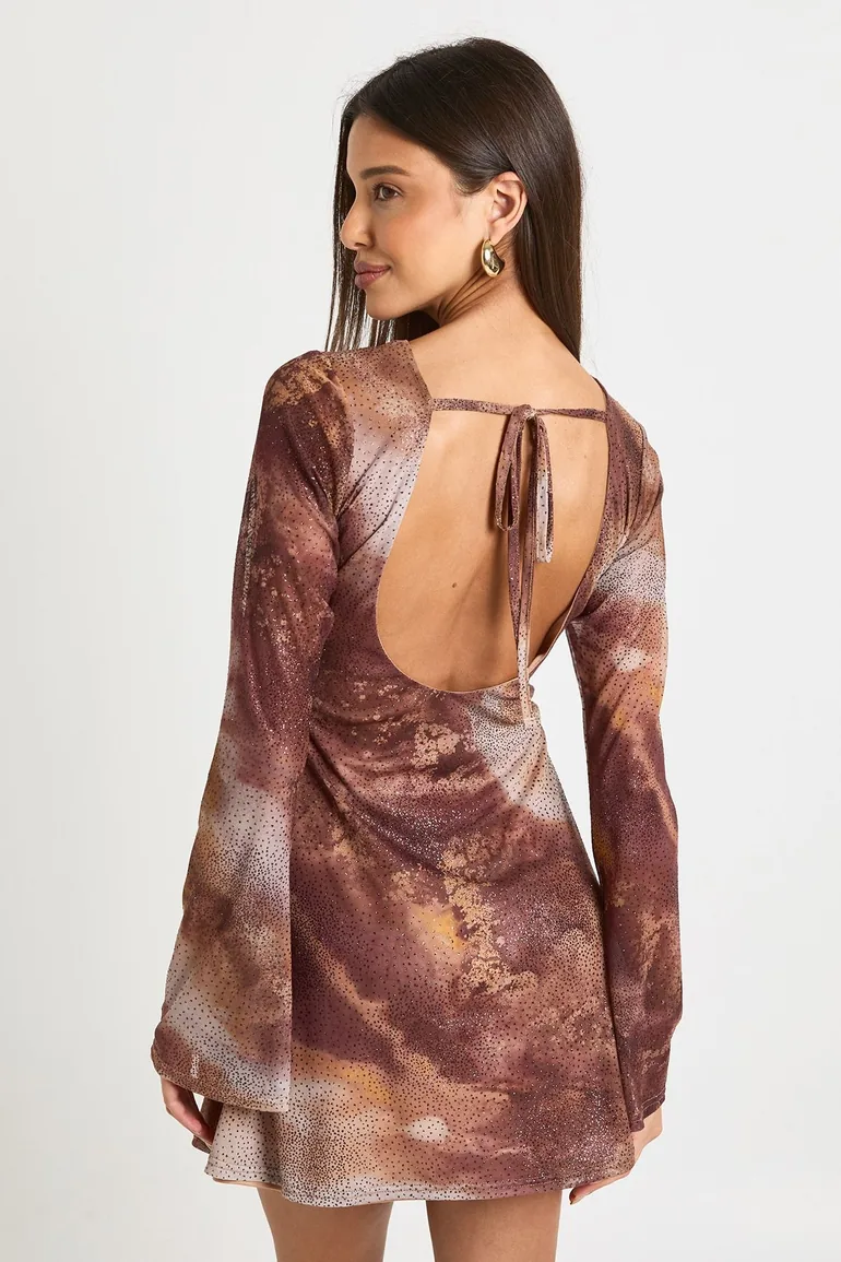 Printed Glitter Sequin Slash Neck Flare Sleeve Mini Dress - orange - 2