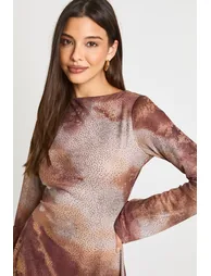 Printed Glitter Sequin Slash Neck Flare Sleeve Mini Dress - orange - 3