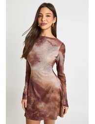 Printed Glitter Sequin Slash Neck Flare Sleeve Mini Dress - orange - 1