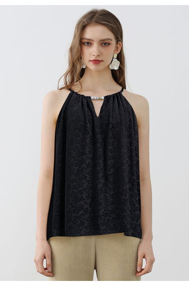 Beaded Halter Neck Floret Jacquard Top in Black