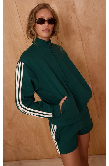 Pine Green Double Side Stripe Zip Up Bomber Jacket