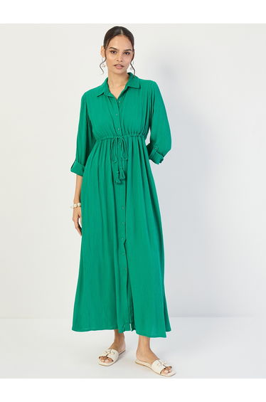 Women Emerald Green Crinkled Button Down Maxi Dress