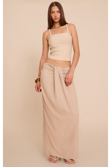 Beige Peachskin Drape Front Maxi Skirt