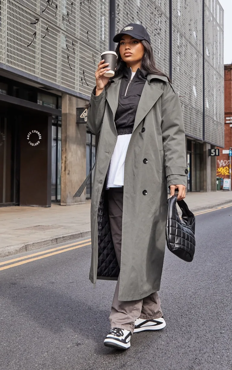 Sage Green Woven Quilted Lining Trench Coat - 2