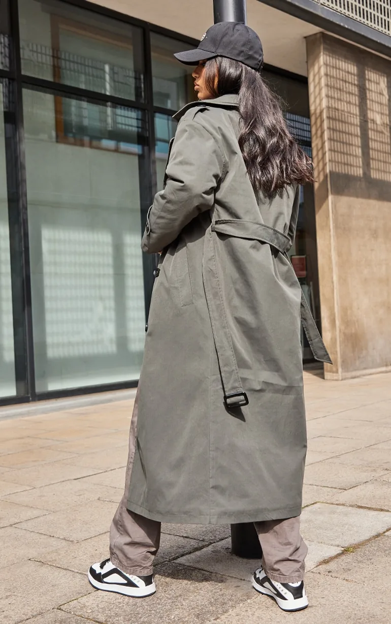 Sage Green Woven Quilted Lining Trench Coat - 1