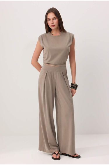 Khaki Plain Wide Leg Low Sleeve Short Wide Leg Premium Soft Knitted Bottom - Top Set