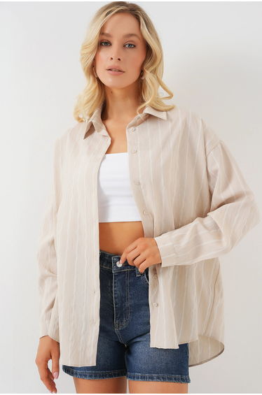 BDART Textured Striped Oversized Shirt with Button Closure