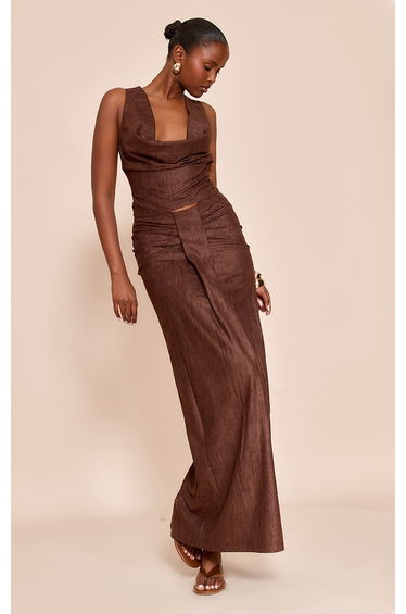 Dark Brown Lightweight Corduroy Knot Detail Maxi Skirt