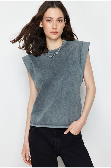 Anthracite*001 Faded Effect 100% Cotton Wadding Appearance Basic Crew Neck Knitted T-Shirt