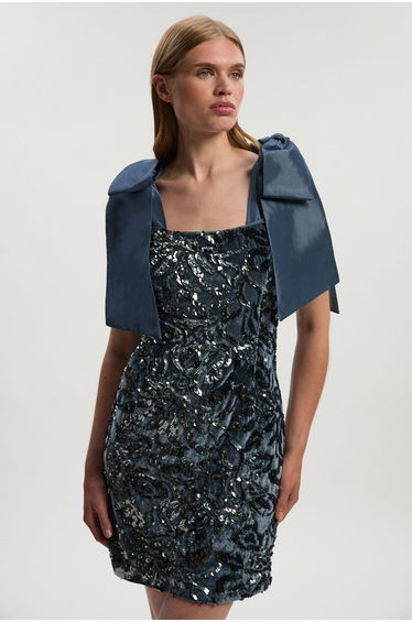 Velvet Sequin Woven Mini Dress With Taffeta Bow Tie Detail