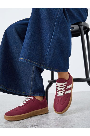 Burgundy Striped Lace Up Sneakers