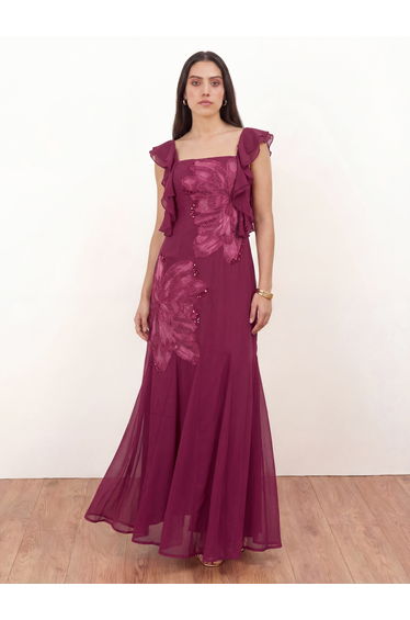 Maya Deep Pink Floral Embroidered Strappy Godet Maxi Dress