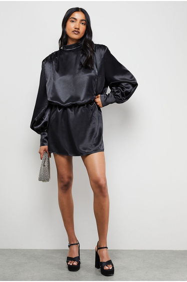 Extreme Shoulder Draped Satin Mini Dress
